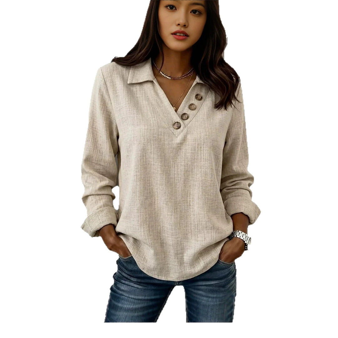 Damen Lässiges V-Ausschnitt-Blusenshirt mit Hemdkragen und asymmetrischer Zierknopfleiste Shop Nory