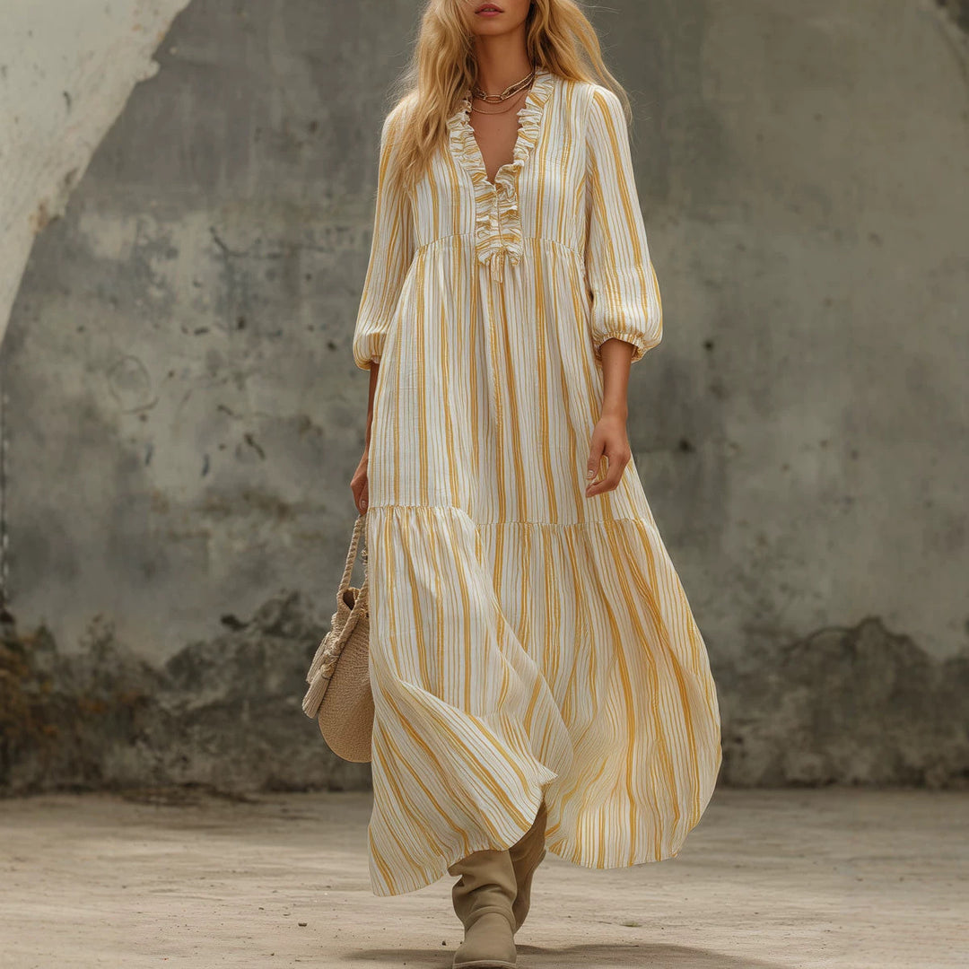 Damen Maxikleid mit Rüschen-V-Ausschnitt und Ballonärmeln Shop Nory
