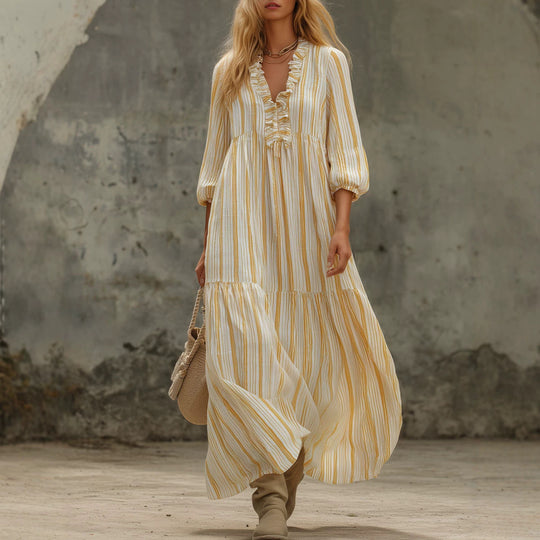 Damen Maxikleid mit Rüschen-V-Ausschnitt und Ballonärmeln Shop Nory