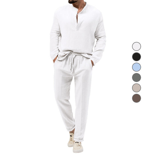 Herren Lässiges Zweiteiliges Lounge-Set aus Baumwoll-Gauze mit Henley-Oberteil und Tunnelzug-Hose Shop Nory