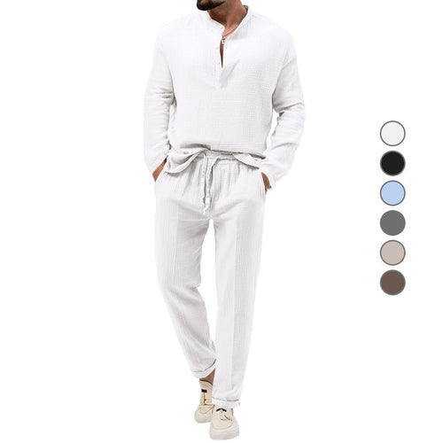 Herren Lässiges Zweiteiliges Lounge-Set aus Baumwoll-Gauze mit Henley-Oberteil und Tunnelzug-Hose Shop Nory