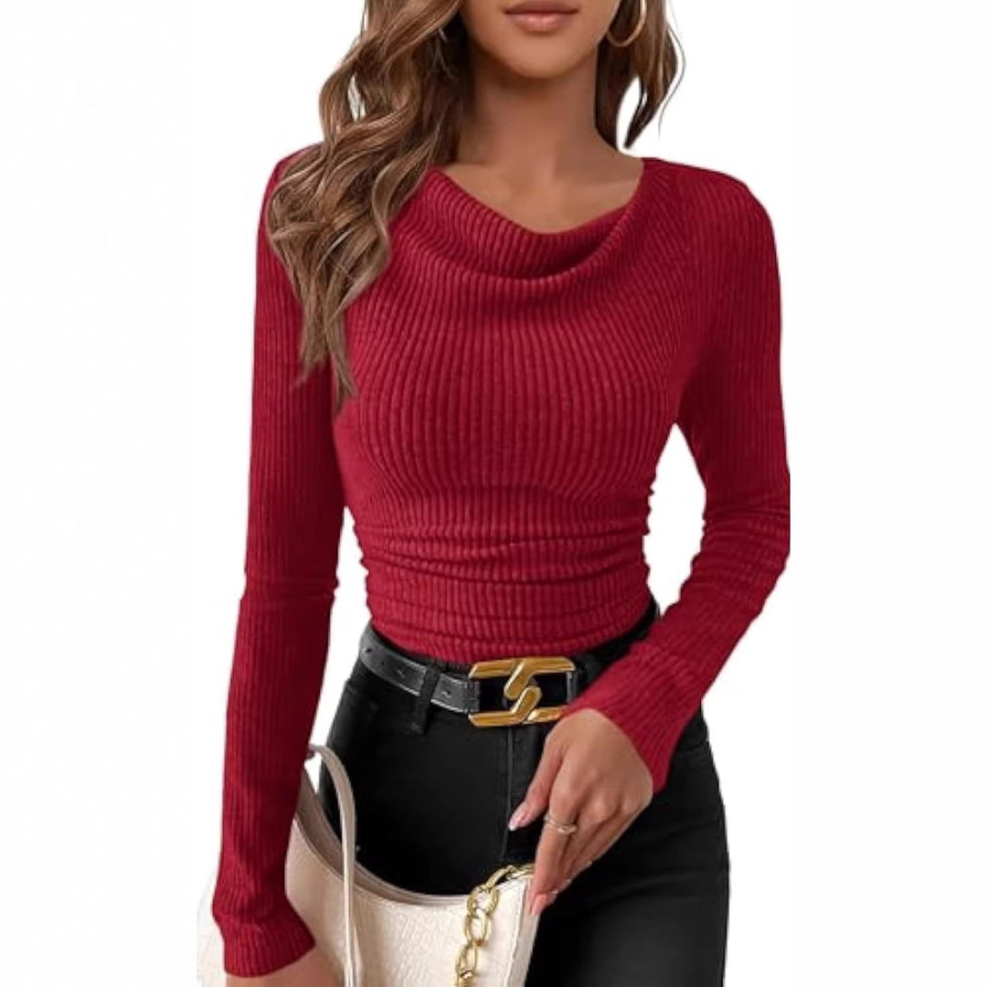 Damen Figurbetontes Feinripp-Longsleeve mit asymmetrischem Wasserfallkragen Shop Nory