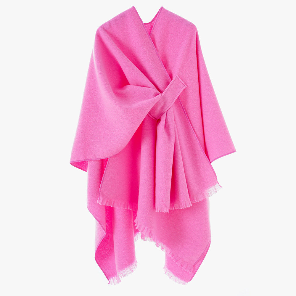 Damen leichter Wollmix-Überwurf mit Fransen und Bindegürtel Shop Nory