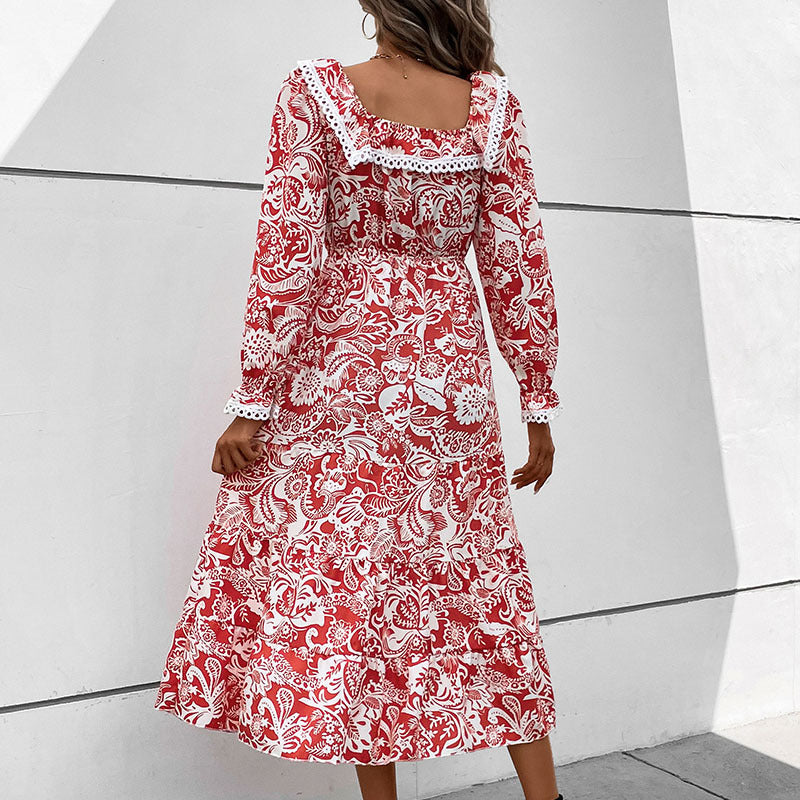 Damen Midikleid im Paisley-Print mit Spitzenvolant, quadratischem Ausschnitt und elastischer Taillennaht Shop Nory