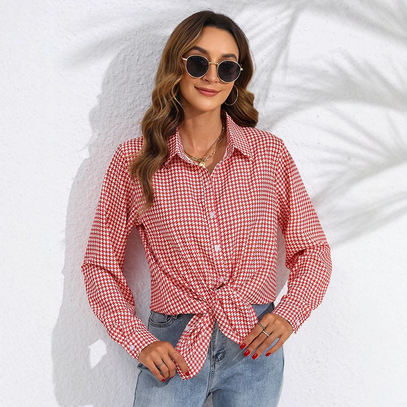 Damen nan geknotete Hahnentritt-Bluse mit Hemdkragen und durchgehender Knopfleiste Shop Nory