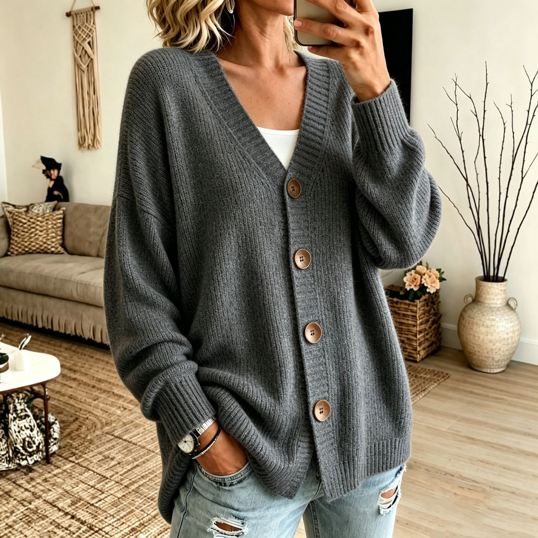 Damen Lockerer Longline-Cardigan mit tiefem V-Ausschnitt und Holzknöpfen Shop Nory