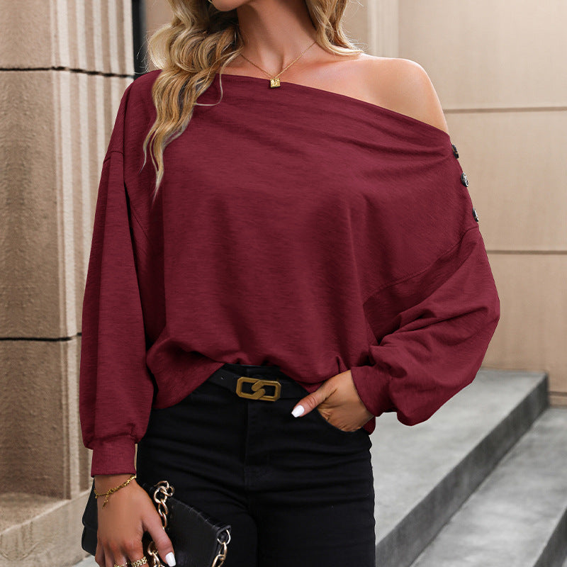 Damen Oversize Off-Shoulder Sweatshirt mit Zierknopfleiste und Ballonärmeln Shop Nory