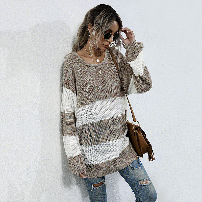 Damen Langer Oversize-Strickpullover mit breiten Blockstreifen und überschnittener Schulter Shop Nory