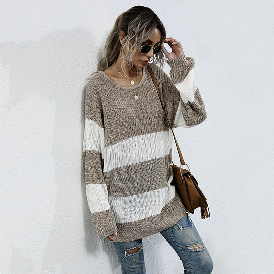 Damen Langer Oversize-Strickpullover mit breiten Blockstreifen und überschnittener Schulter Shop Nory