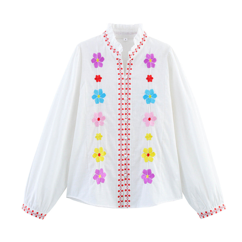 Damen Bluse mit bunten Stickereien und romantischem Rüschendesign