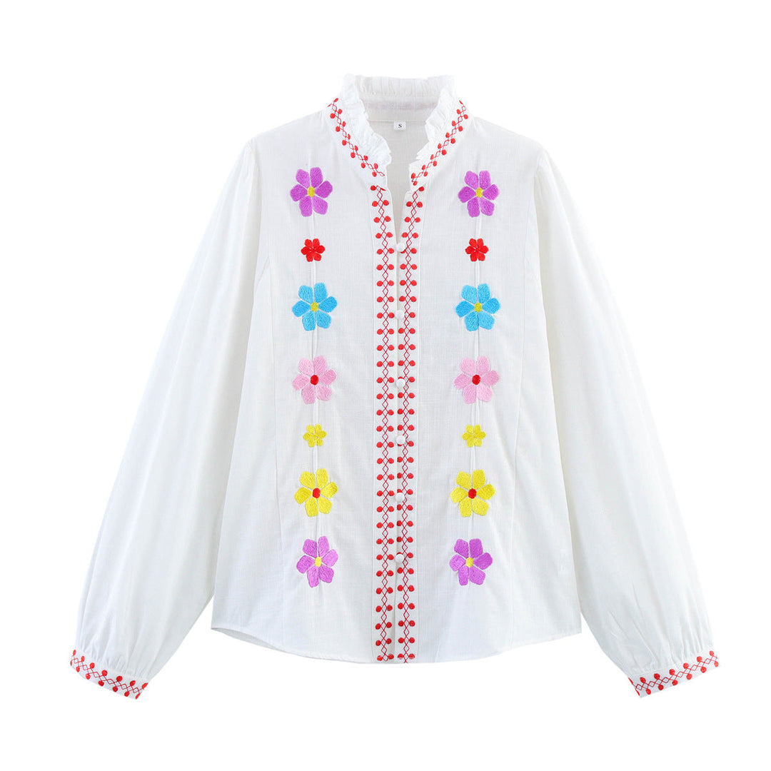 Damen Bluse mit bunten Stickereien und romantischem Rüschendesign
