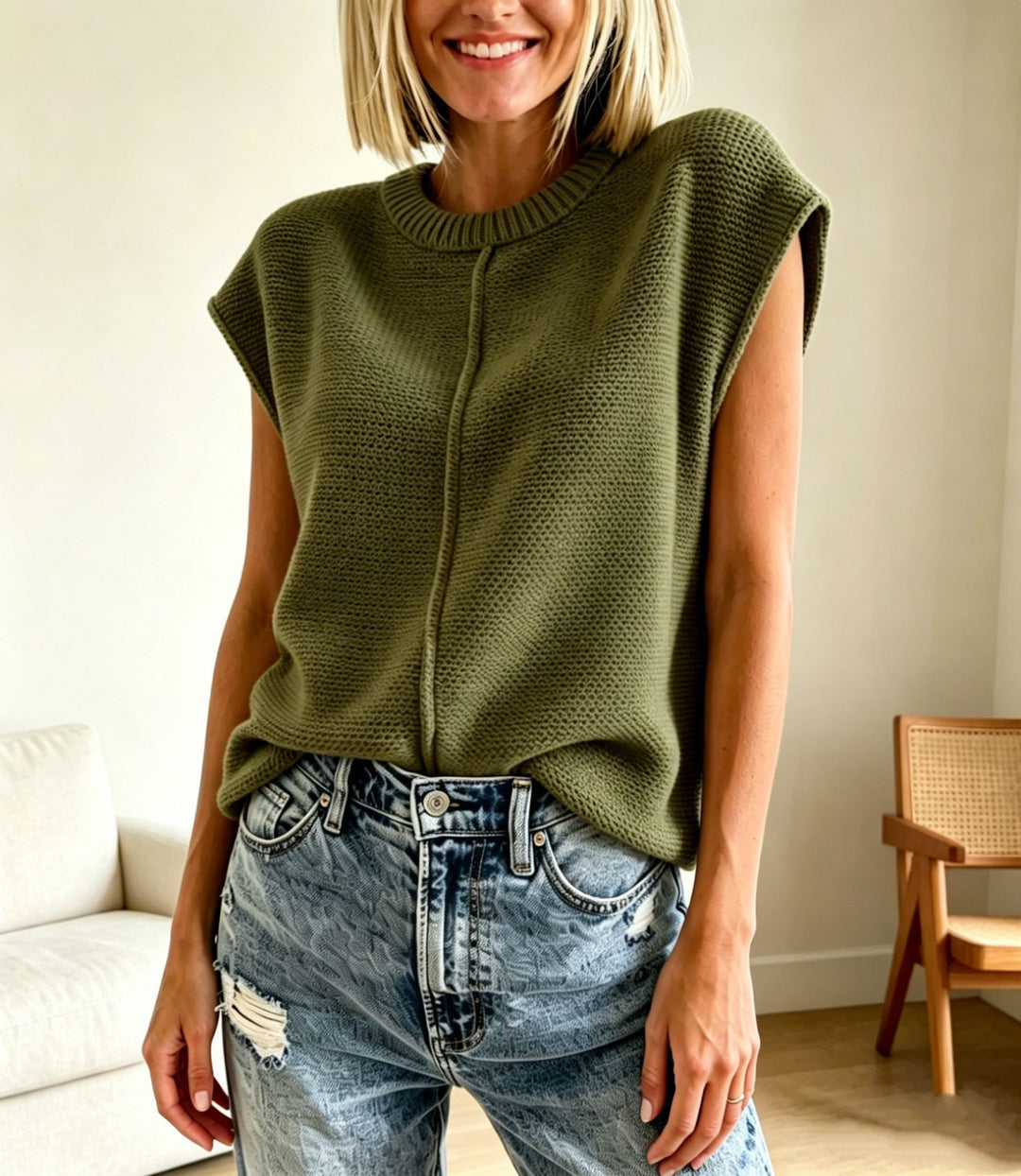 Damen Ärmellose Strickweste mit mittiger Naht und geripptem Kragen Shop Nory