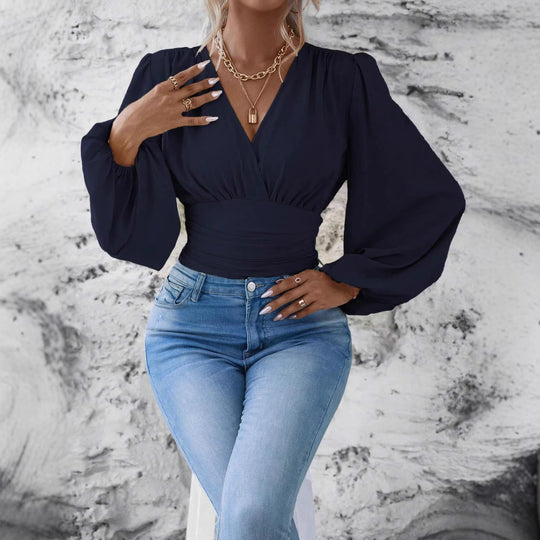 Damen Wickel-Cropped-Top mit geraffter Taillenpartie und weiten Ballonärmeln Shop Nory