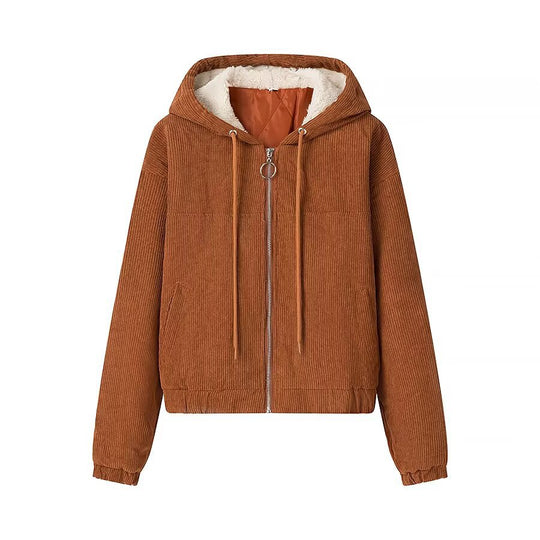Damen Kurz geschnittene Cordjacke mit Kapuze, Teddyfutter und durchgehendem Reißverschluss Shop Nory