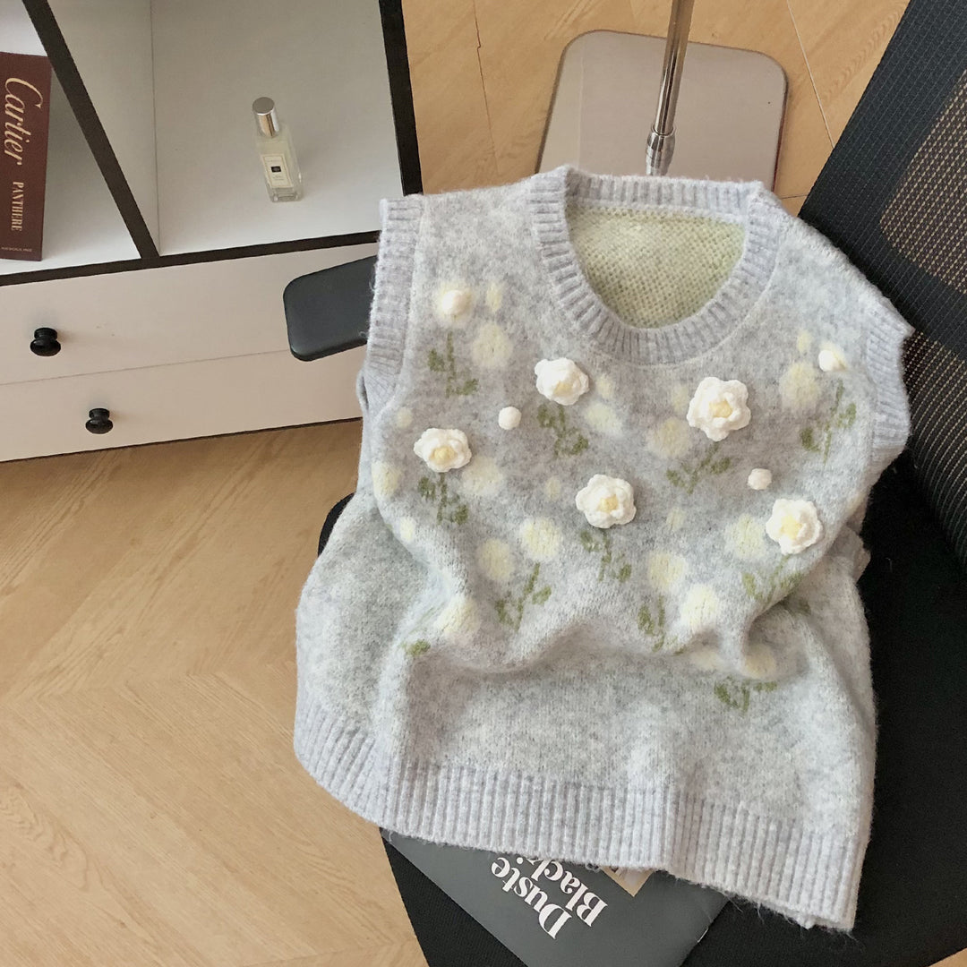 Damen Modischer Strickpullover mit Blumenapplikationen Shop Nory