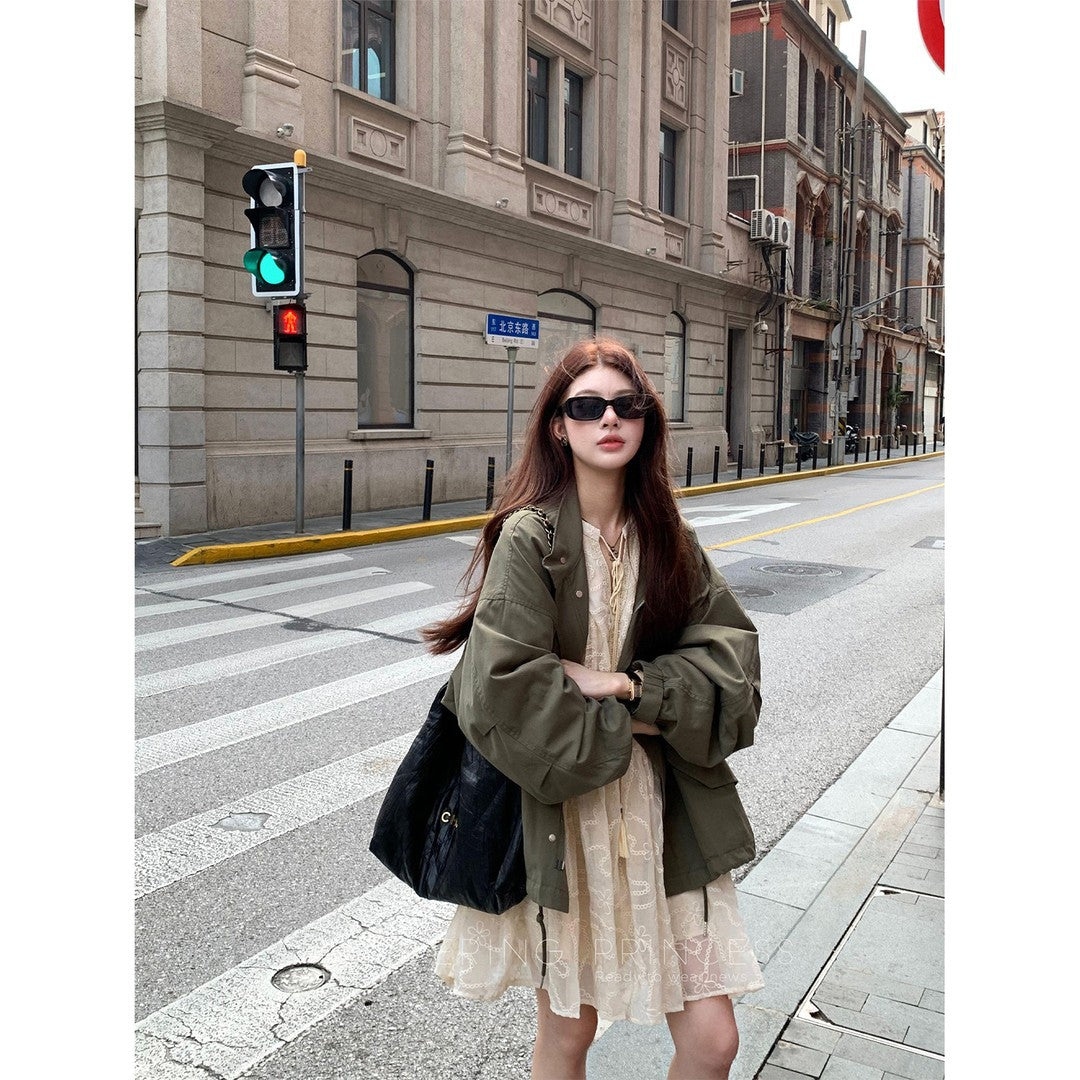 Damen Oversize Utility-Jacke mit Ballonärmeln und Kordelzug Shop Nory