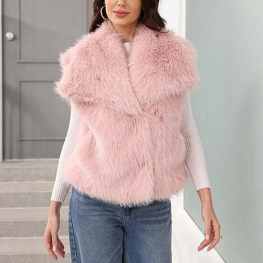 Damen Ärmellose langflorige Kunstfellweste mit voluminösem Schalkragen Shop Nory