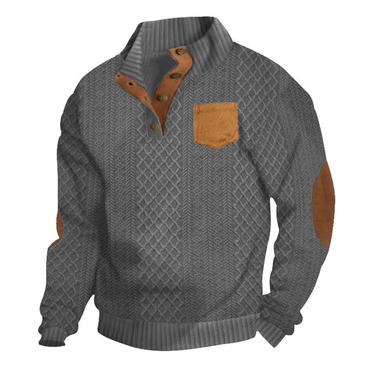 Herren Strukturiertes Kabelstrick-Sweatshirt mit Halbknopfblende, Kunstleder‑Patchtasche & Ellbogenpatches Shop Nory