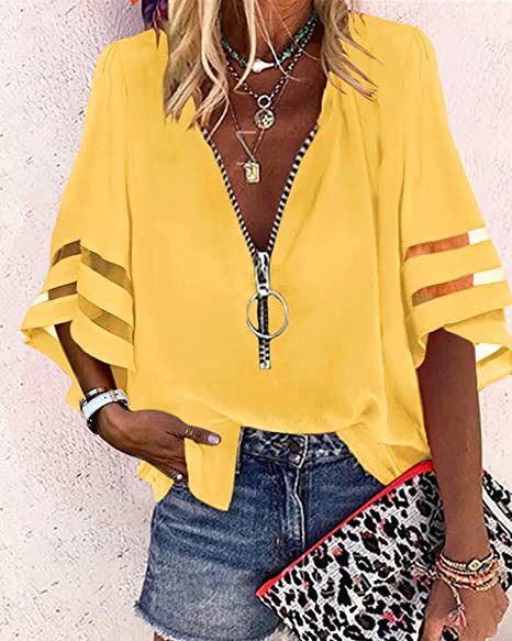 Damen V‑Ausschnitt Bluse mit dekorativem Ringreißverschluss und Cut-Out-Ärmeln Shop Nory