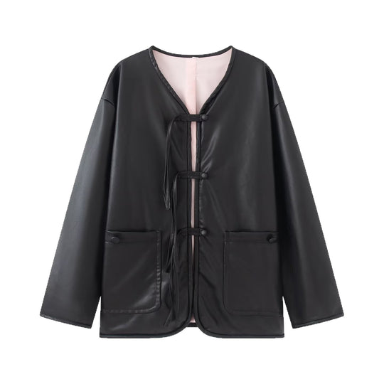 Damen Oversize Kunstlederjacke mit Bindebändern und aufgesetzten Taschen Shop Nory