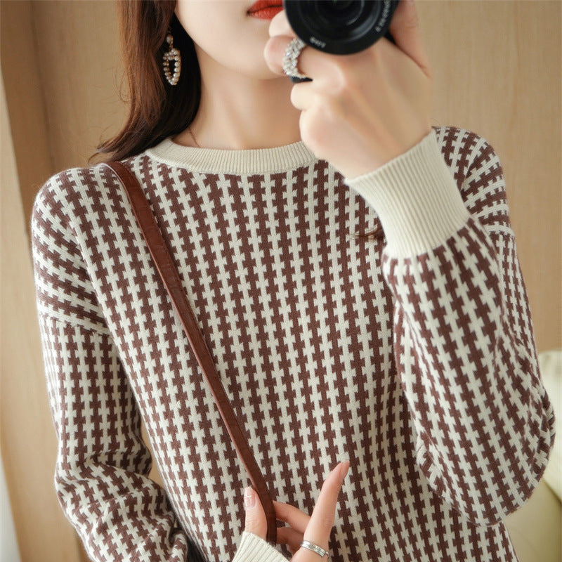 Damen Leichter Strukturstrick-Pullover mit Hahnentritt-Muster und breitem Rippbündchen Shop Nory