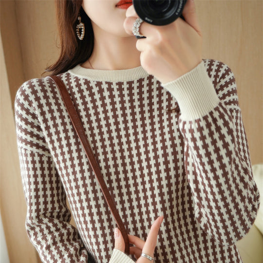 Damen Leichter Strukturstrick-Pullover mit Hahnentritt-Muster und breitem Rippbündchen Shop Nory