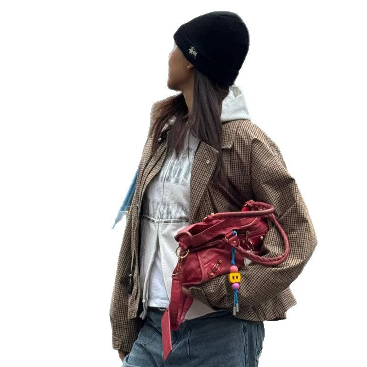 Damen Boxy-Kurzjacke im Glencheck mit elastischem Saum und Reißverschluss Shop Nory