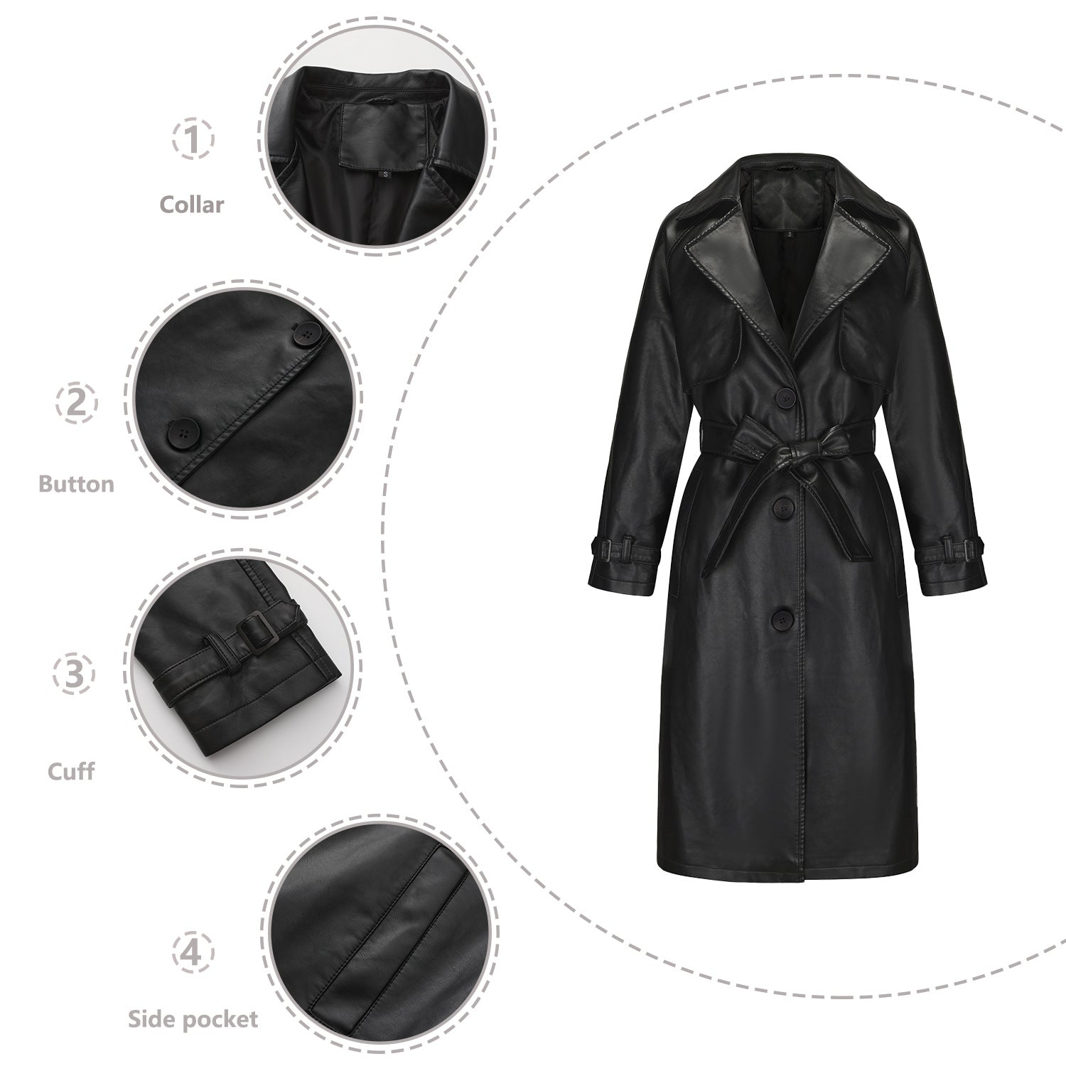 Damen modischer Trenchcoat aus hochwertigem Kunstleder