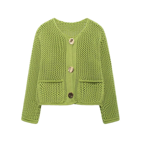 Damen Strickjacke mit offener Netz-Struktur, Zierknöpfen und aufgesetzten Taschen Shop Nory