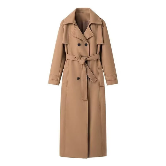 Damen Doppelreihiger Maxilanger Trenchcoat mit Bindegürtel und Cape-Überwurf Shop Nory
