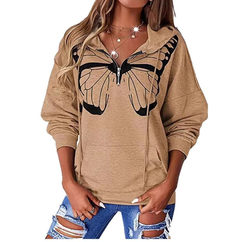Damen Kapuzenpullover mit halbhohem Reißverschluss und Schmetterlingsprint Shop Nory