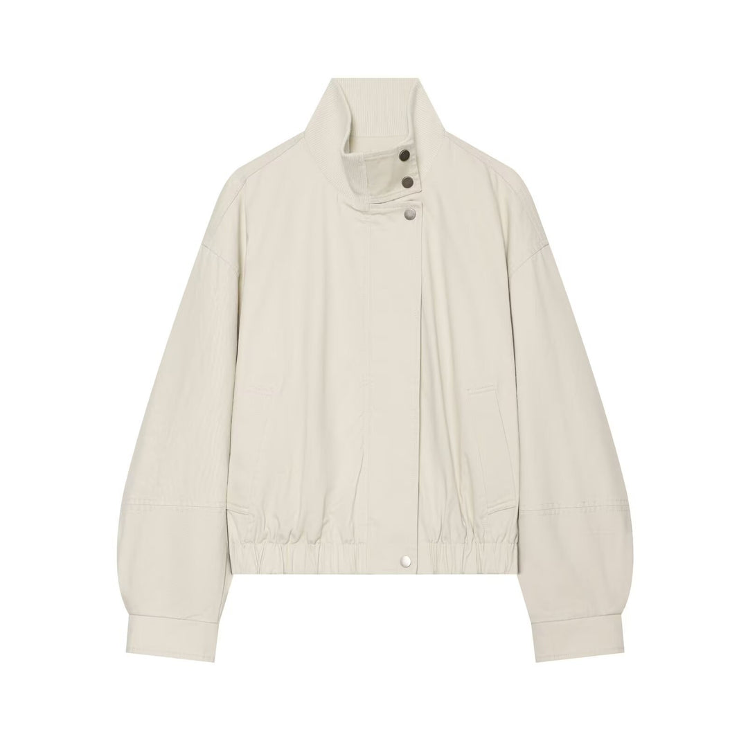 Damen Oversized Blousonjacke mit hohem Rippkragen, Druckknopfleiste und elastischem Saum Shop Nory