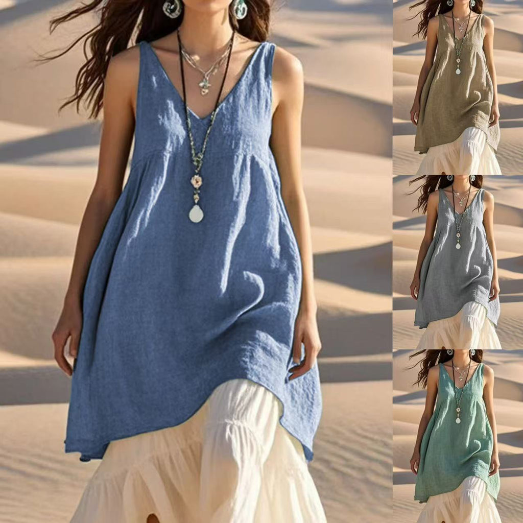 Damen lässiges Leinen-Oberteil mit V-Ausschnitt und asymmetrischem Saum Shopnory