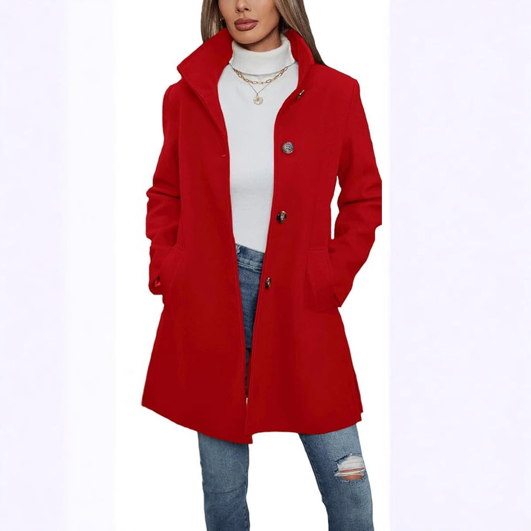 Damen Eleganter Wollmantel mit Hochgeschlossenem Kragen und Praktischen Taschen