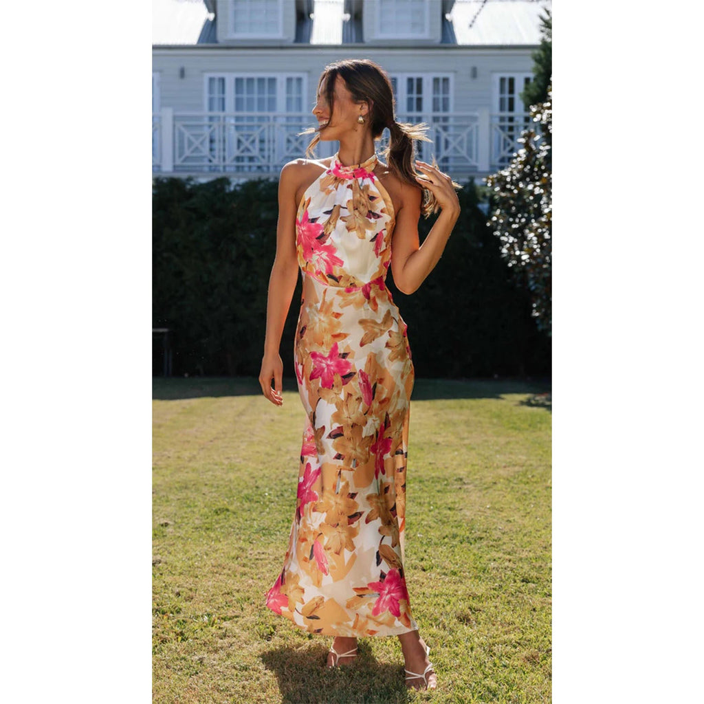 Damen Maxikleid mit hochgeschlossenem Halterneck-Design und floralem Muster