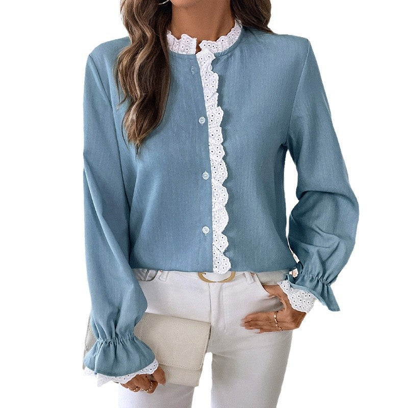 Damen Locker fallende Viskose-Bluse mit Spitzenbesatz und Stehkragen Shop Nory