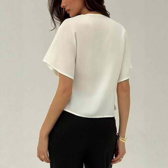 Damen Elegante V-Ausschnitt Bluse mit kurzen Kimonosärmeln und asymmetrischem Saum Shop Nory
