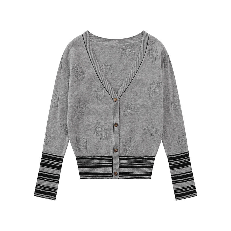 Damen Strickjacke mit V‑Ausschnitt, feinem Jacquardmuster und kontrastierenden Bündchen Shop Nory