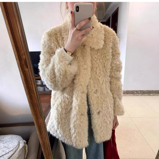 Damen Kurzer Teddy-Kunstfellmantel mit vollem Kragen und kastiger Silhouette Shop Nory