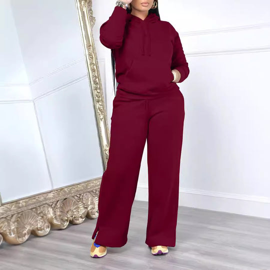Damen nan Relax-Loungewear-Set mit weitem Highwaist-Palazzo-Jogger, Kapuzenpullover mit Kängurutasche und seitlichem Saumschlitz Shop Nory