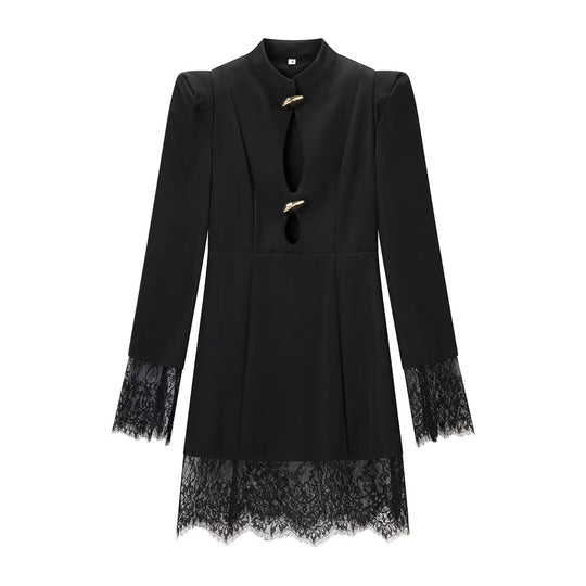 Damen Midikleid mit Stehkragen, Cut-Out‑Front, goldenen Zierverschlüssen und Spitzenbesatz Shop Nory
