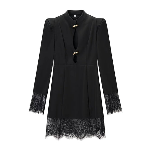 Damen Midikleid mit Stehkragen, Cut-Out‑Front, goldenen Zierverschlüssen und Spitzenbesatz Shop Nory