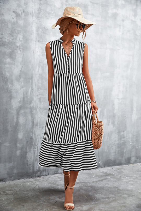 Damen Maxikleid mit gestreiftem Design, durchgehendem Knopfverschluss und voluminösem Saum