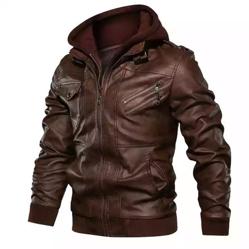 Herren Kunstleder-Bomberjacke mit Kapuzen-Inlay, Mehrfach-Reißverschlusstaschen und Rippbündchen Shop Nory