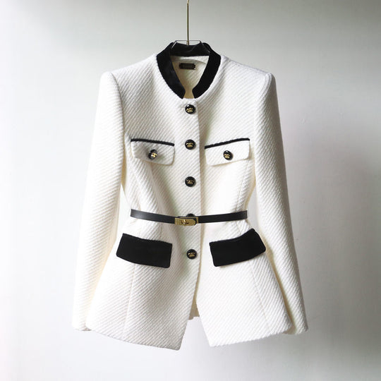 Damen Elegante Bouclé-Blazerjacke mit Samtbesatz und Taillengürtel Shop Nory