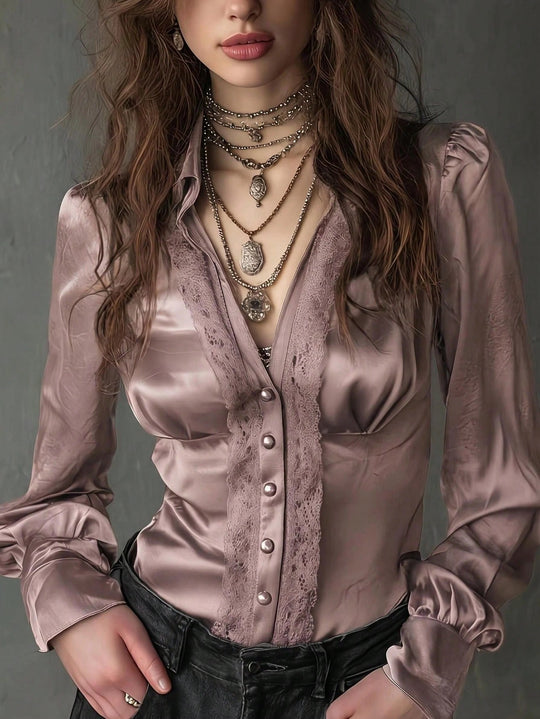 Damen Taillierte Satinbluse mit Spitzenpasse, Knopfleiste und Puffärmeln Shop Nory