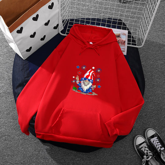 Damen nan Kapuzenpullover mit patriotischem Gartenzwerg-Print, angerautem Fleece-Innenfutter, Oversize-Schnitt und Kängurutasche Shop Nory
