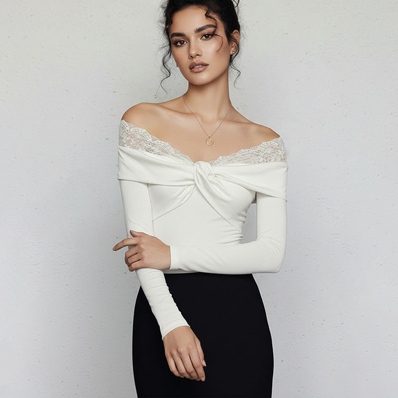 Damen Figurbetonter Langarm-Body mit Carmenausschnitt, Spitzenbesatz und Knotenfront Shop Nory