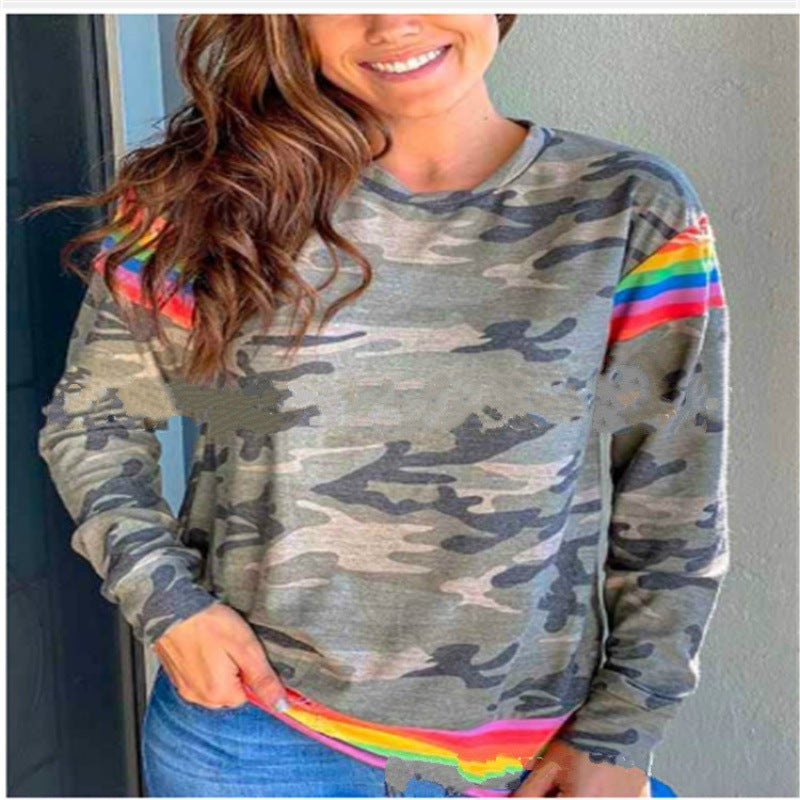 Damen Camouflage Sweatshirt mit kontrastierenden Streifen und Rundhalsausschnitt Shop Nory