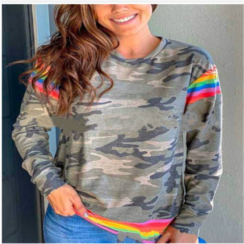 Damen Camouflage Sweatshirt mit kontrastierenden Streifen und Rundhalsausschnitt Shop Nory